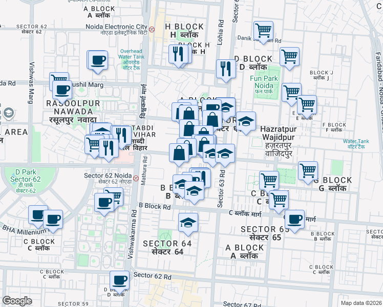 map of restaurants, bars, coffee shops, grocery stores, and more near in Noida