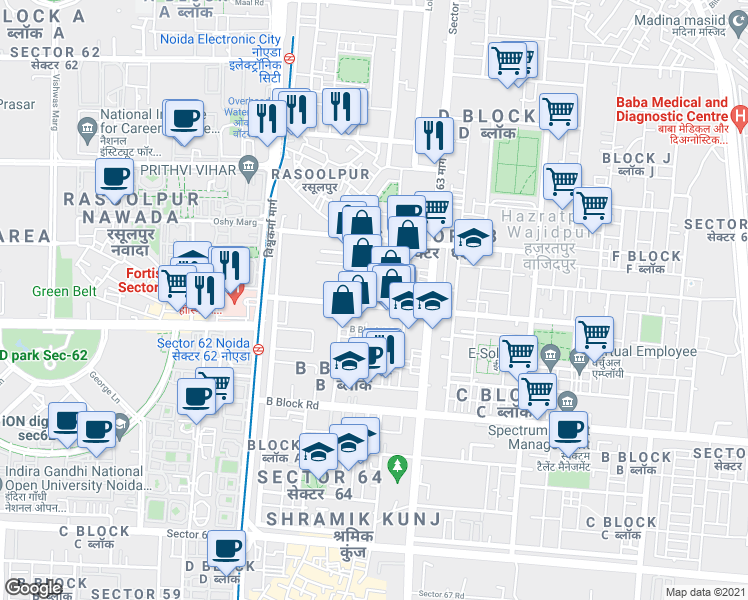 map of restaurants, bars, coffee shops, grocery stores, and more near in Noida