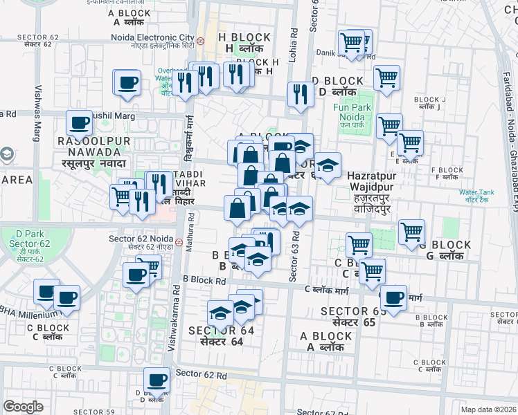 map of restaurants, bars, coffee shops, grocery stores, and more near in Noida