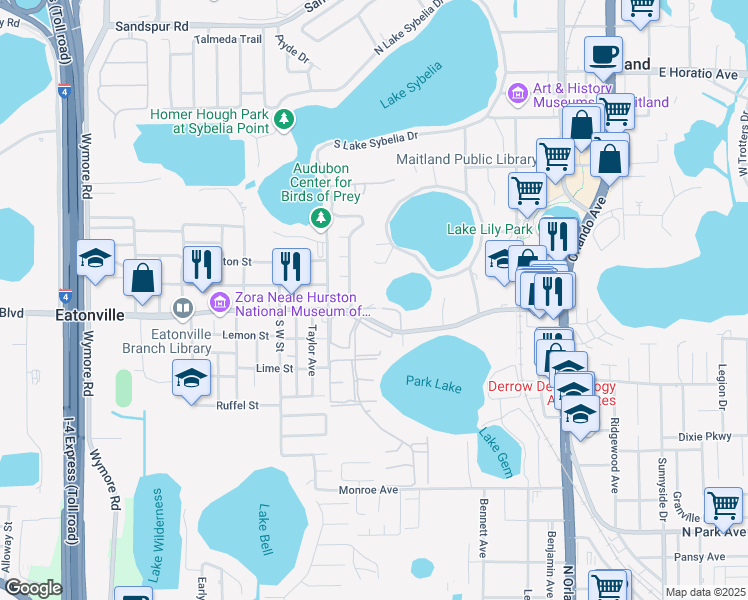 map of restaurants, bars, coffee shops, grocery stores, and more near 851 Lake Avenue in Maitland