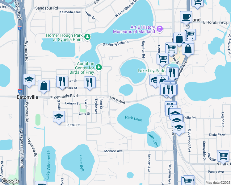 map of restaurants, bars, coffee shops, grocery stores, and more near 851 Lake Avenue in Maitland