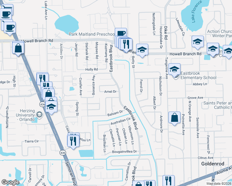 map of restaurants, bars, coffee shops, grocery stores, and more near 2104 Eastbrook Boulevard in Winter Park