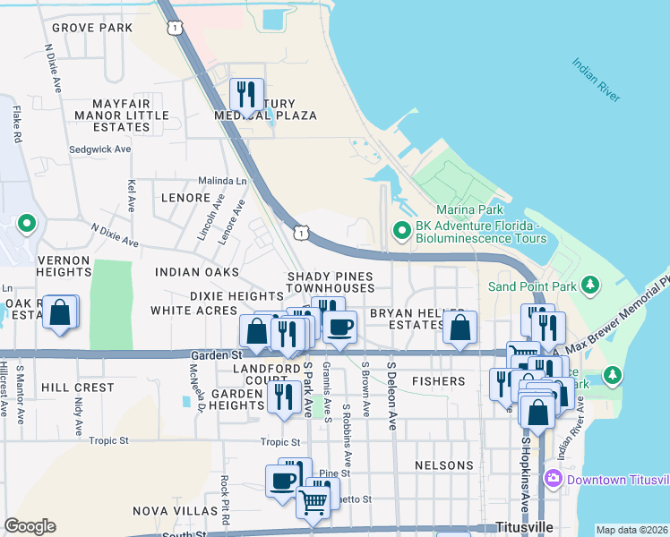 map of restaurants, bars, coffee shops, grocery stores, and more near 500 North Washington Avenue in Titusville