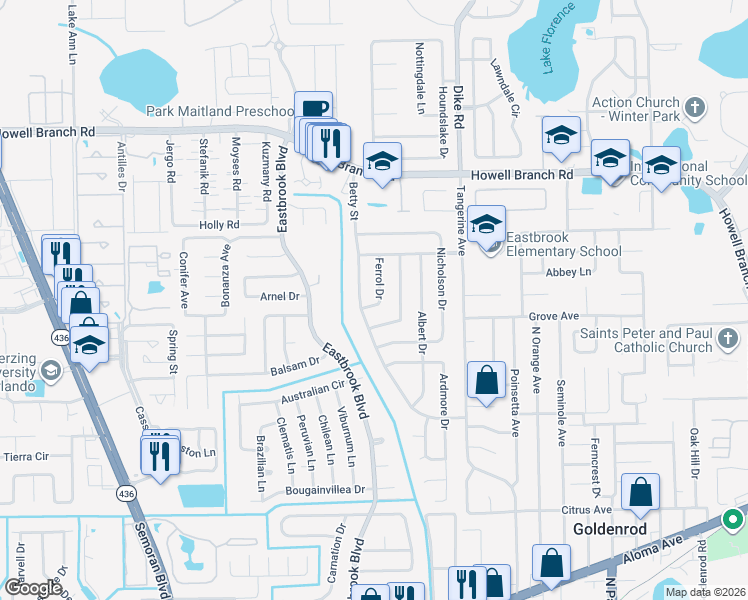 map of restaurants, bars, coffee shops, grocery stores, and more near 5409 Ferrol Drive in Winter Park