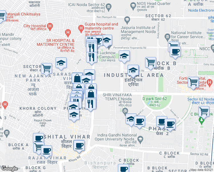 map of restaurants, bars, coffee shops, grocery stores, and more near C-56/1 Bhamlle Nium Tower Road in New Okhla Industrial Development Area