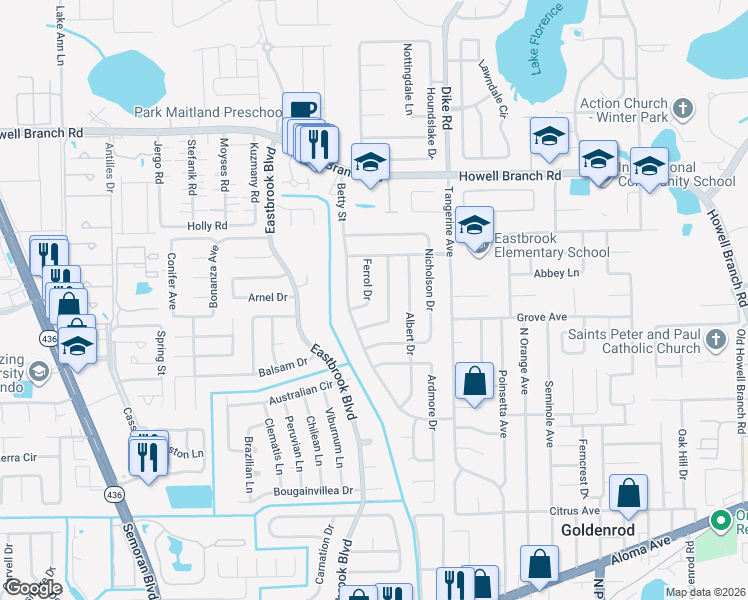 map of restaurants, bars, coffee shops, grocery stores, and more near 5409 Ferrol Drive in Winter Park