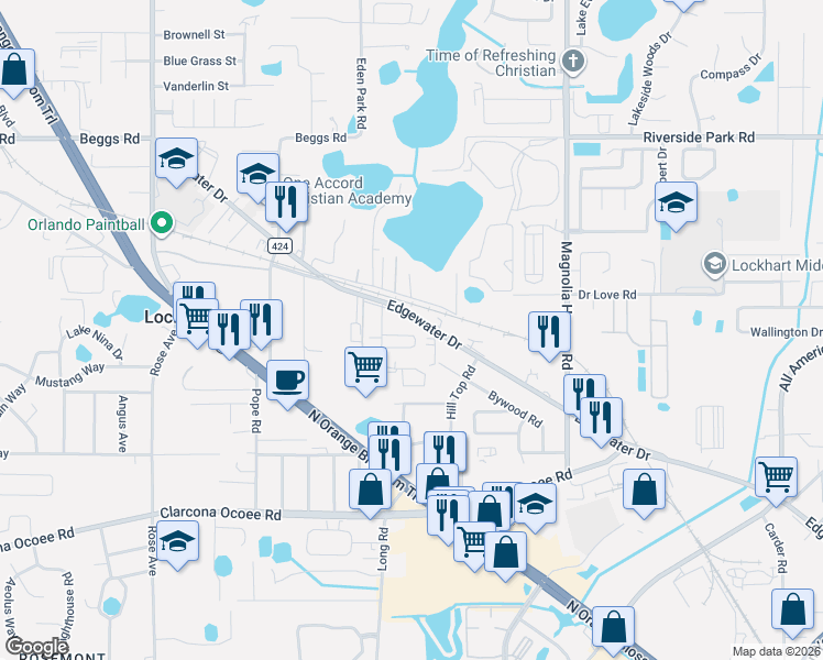 map of restaurants, bars, coffee shops, grocery stores, and more near 6831 Edgewater Commerce Parkway in Orlando
