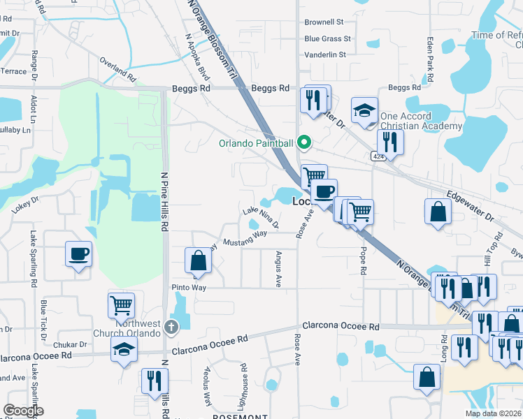 map of restaurants, bars, coffee shops, grocery stores, and more near 5124 Lake Nina Drive in Orlando