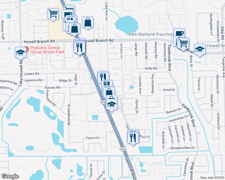 map of restaurants, bars, coffee shops, grocery stores, and more near 2320 Inagua Way in Winter Park