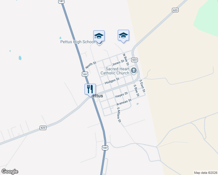 map of restaurants, bars, coffee shops, grocery stores, and more near 322 Farm to Market 623 in Beeville
