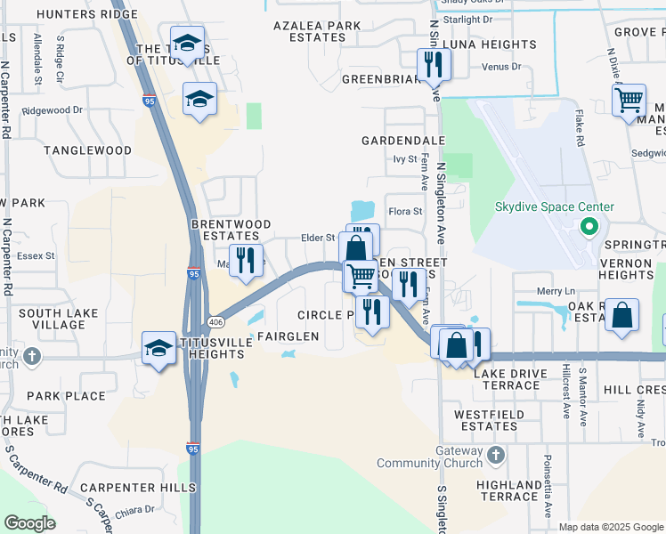 map of restaurants, bars, coffee shops, grocery stores, and more near 3309 Garden Street in Titusville