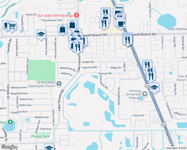map of restaurants, bars, coffee shops, grocery stores, and more near 2089 Poinciana Road in Winter Park