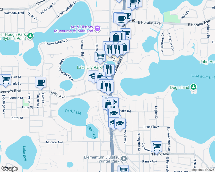 map of restaurants, bars, coffee shops, grocery stores, and more near 120 Lake Avenue in Maitland