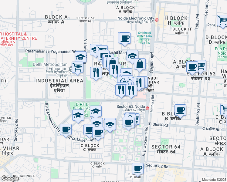 map of restaurants, bars, coffee shops, grocery stores, and more near D-49 Lohia Road in Noida