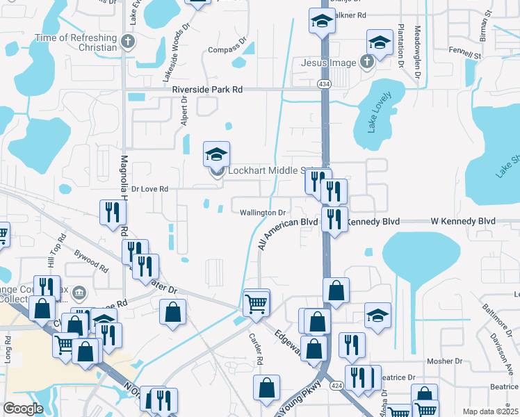 map of restaurants, bars, coffee shops, grocery stores, and more near 3106 Wallington Drive in Orlando