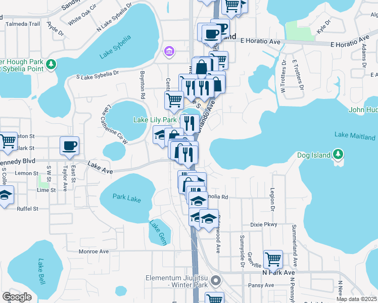 map of restaurants, bars, coffee shops, grocery stores, and more near 120 Lake Avenue in Maitland