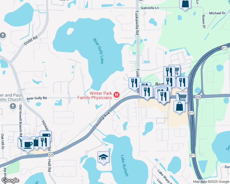 map of restaurants, bars, coffee shops, grocery stores, and more near 2848 Bear Island Pointe in Winter Park