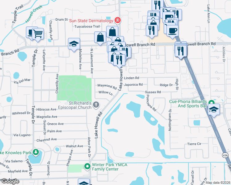 map of restaurants, bars, coffee shops, grocery stores, and more near 5311 Lake Howell Road in Winter Park
