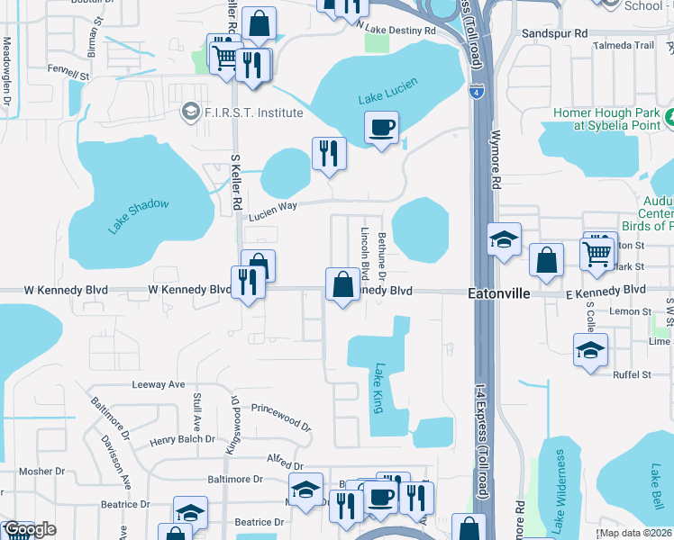 map of restaurants, bars, coffee shops, grocery stores, and more near 106 Washington Avenue in Orlando
