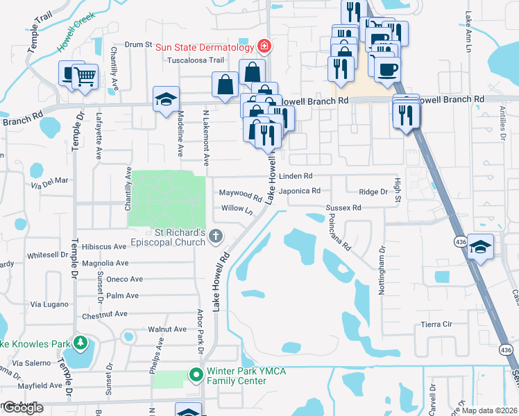 map of restaurants, bars, coffee shops, grocery stores, and more near 5311 Lake Howell Road in Winter Park