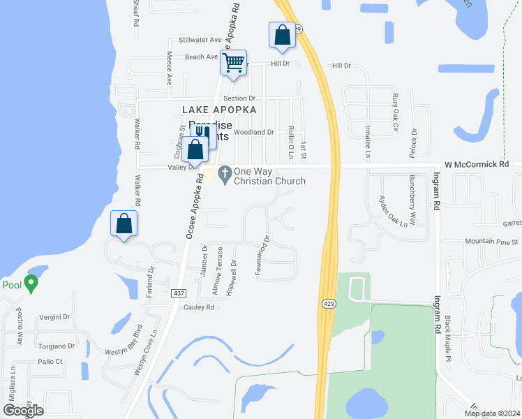 map of restaurants, bars, coffee shops, grocery stores, and more near 3430 Fawnwood Drive in Ocoee