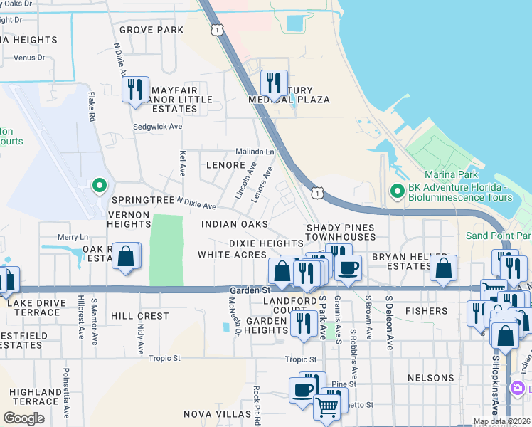 map of restaurants, bars, coffee shops, grocery stores, and more near 1621 Poe Street in Titusville