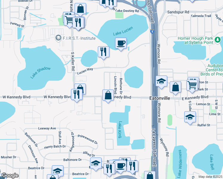 map of restaurants, bars, coffee shops, grocery stores, and more near 106 Washington Avenue in Orlando