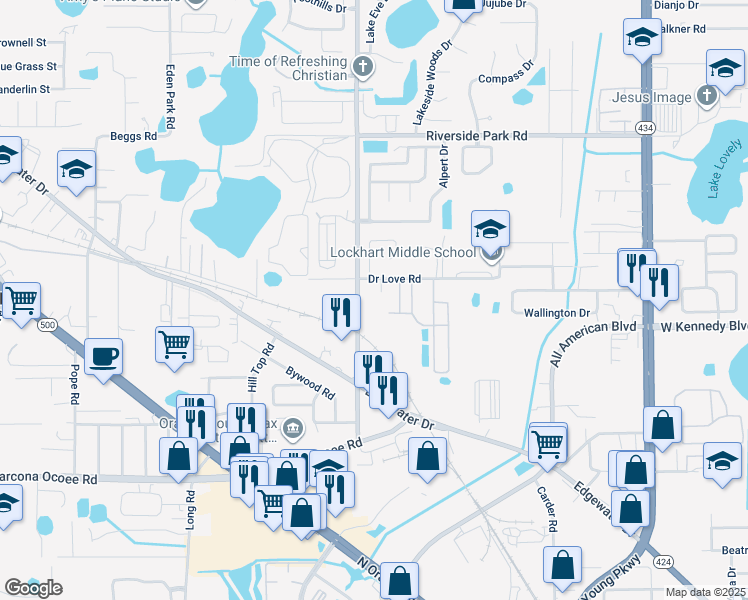 map of restaurants, bars, coffee shops, grocery stores, and more near 3800 Doctor Love Road in Orlando