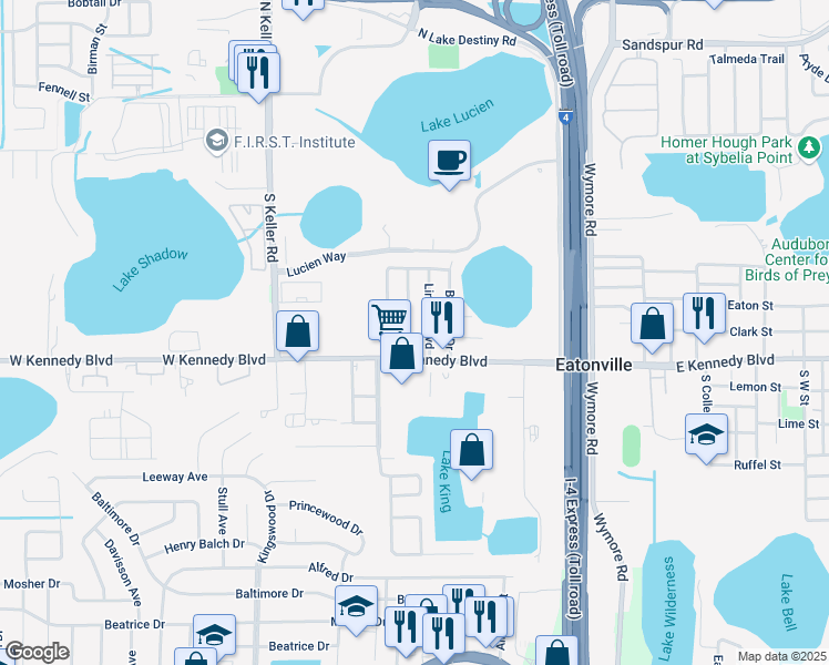 map of restaurants, bars, coffee shops, grocery stores, and more near 106 Washington Avenue in Orlando