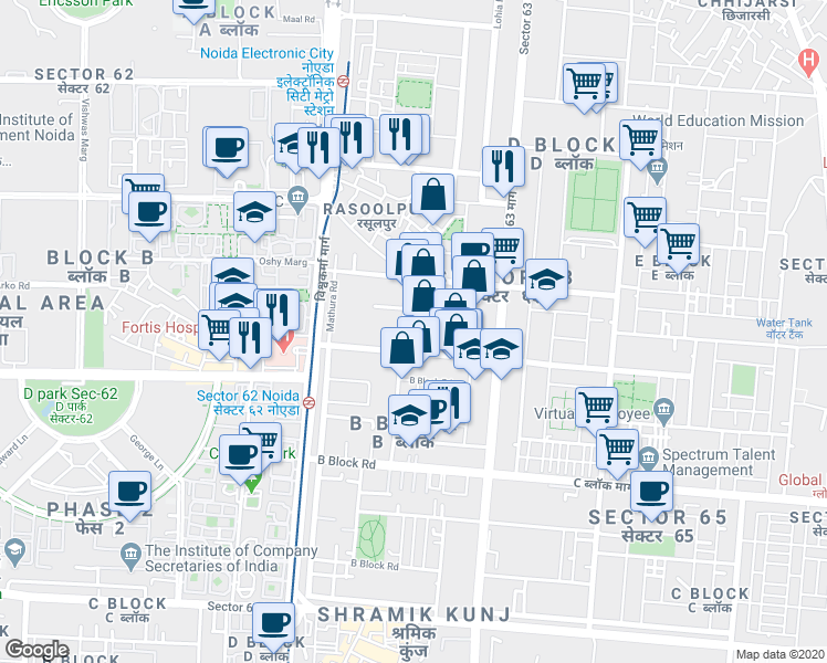 map of restaurants, bars, coffee shops, grocery stores, and more near in Noida