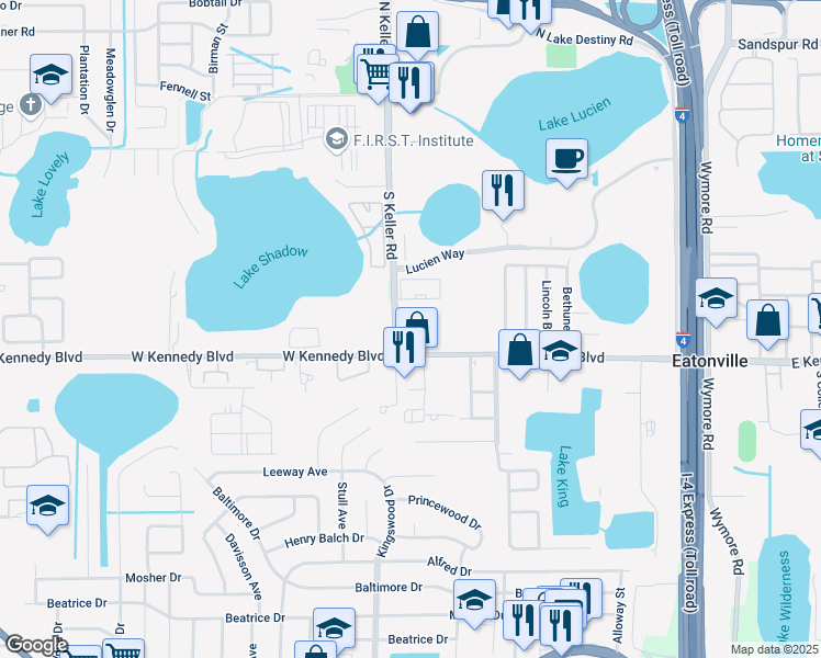 map of restaurants, bars, coffee shops, grocery stores, and more near 65 South Keller Road in Orlando