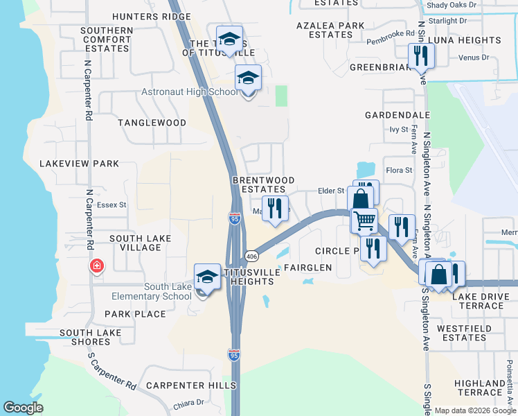 map of restaurants, bars, coffee shops, grocery stores, and more near 3428 Elder Street in Titusville