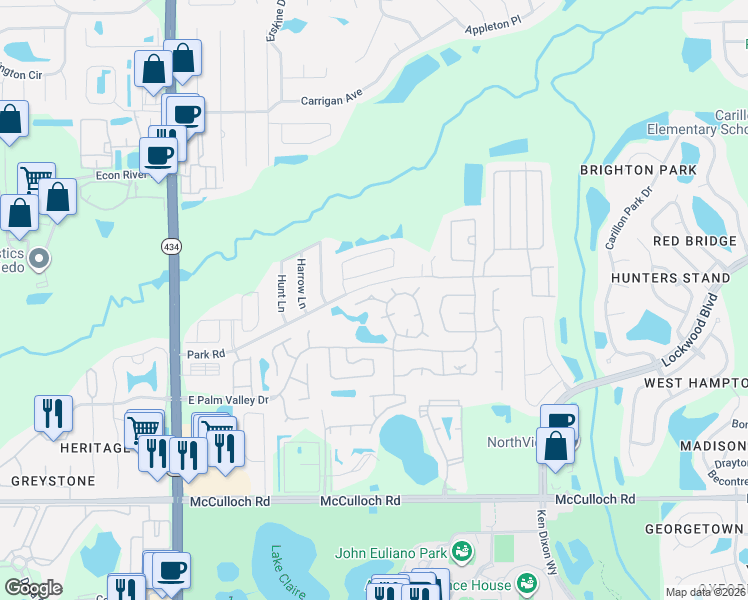 map of restaurants, bars, coffee shops, grocery stores, and more near 3424 Kayla Circle in Oviedo