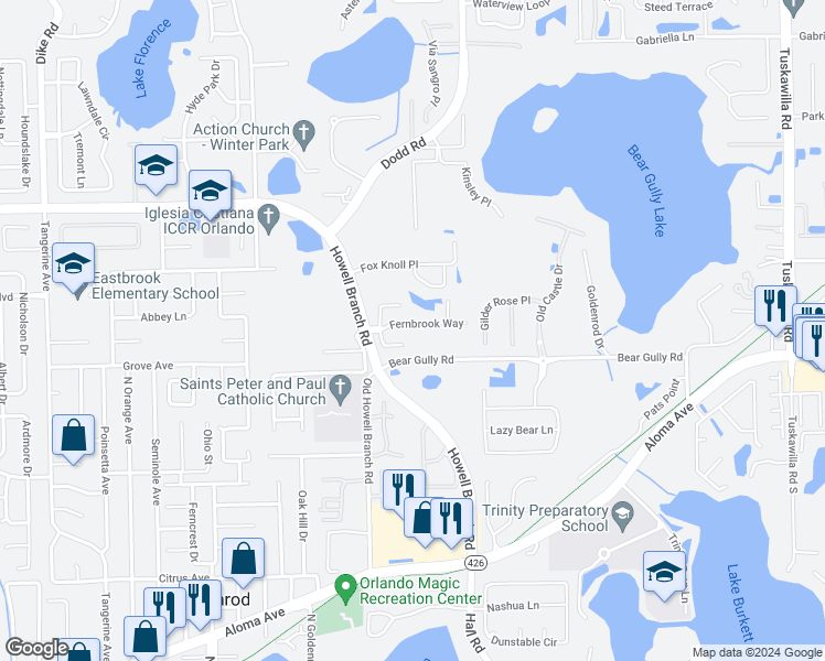 map of restaurants, bars, coffee shops, grocery stores, and more near 7737 Fernbrook Way in Winter Park