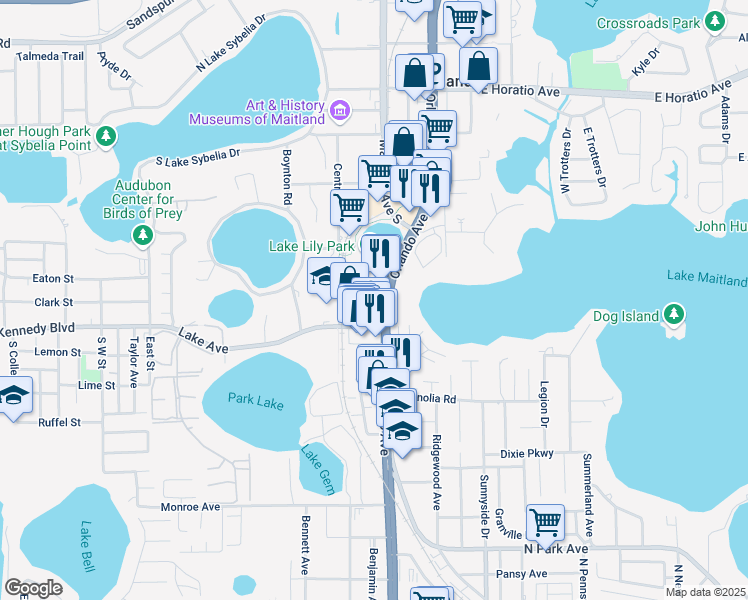 map of restaurants, bars, coffee shops, grocery stores, and more near 901 Lake Lily Drive in Maitland