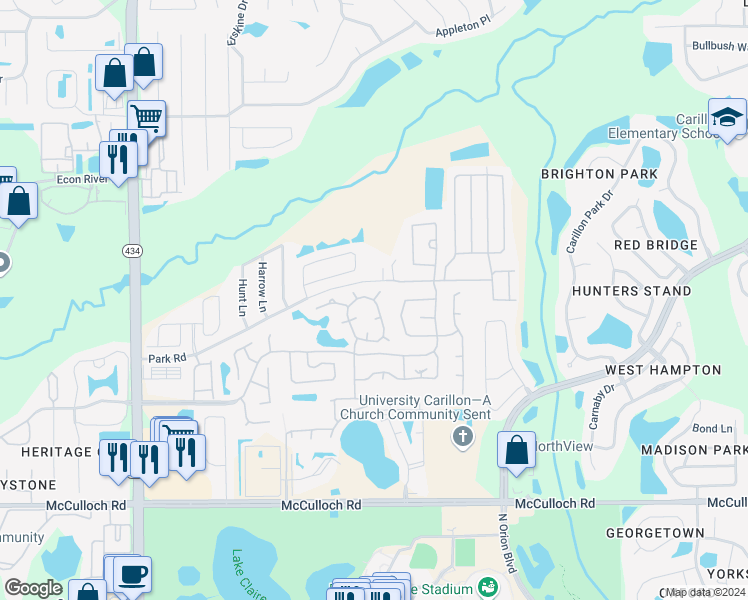 map of restaurants, bars, coffee shops, grocery stores, and more near Palm Valley Cir & Jamaica Cir in Oviedo