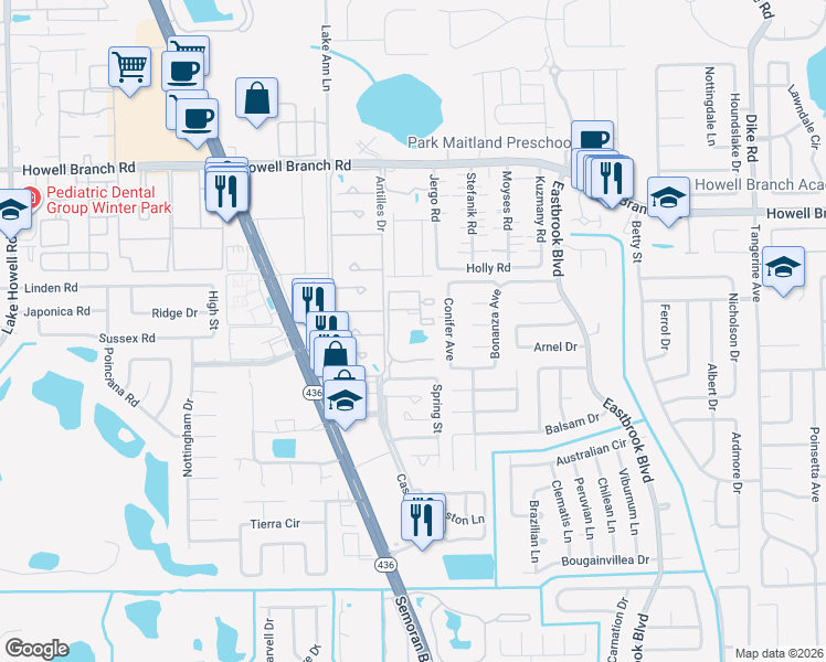 map of restaurants, bars, coffee shops, grocery stores, and more near 2911 Stone Glen Way in Winter Park