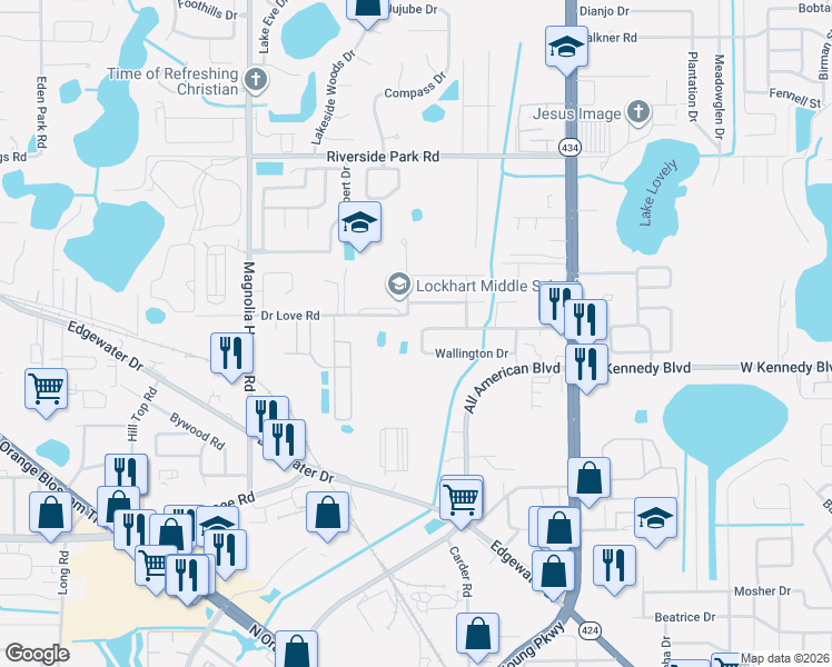 map of restaurants, bars, coffee shops, grocery stores, and more near 3400 Doctor Love Road in Orlando
