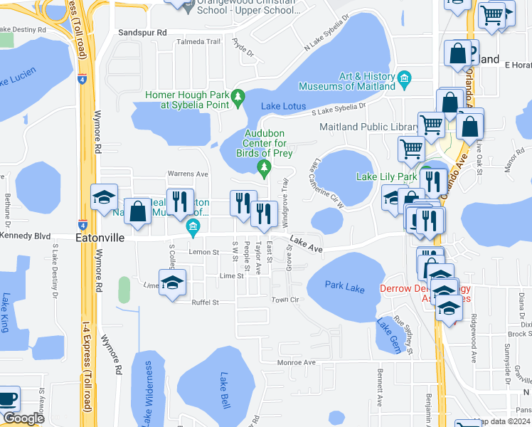 map of restaurants, bars, coffee shops, grocery stores, and more near 210 East Street in Maitland