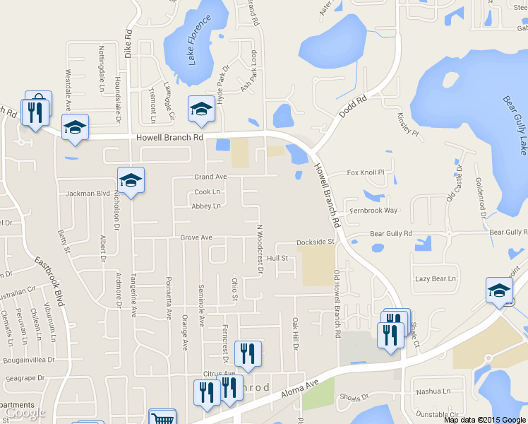 map of restaurants, bars, coffee shops, grocery stores, and more near 5423 North Woodcrest Drive in Winter Park
