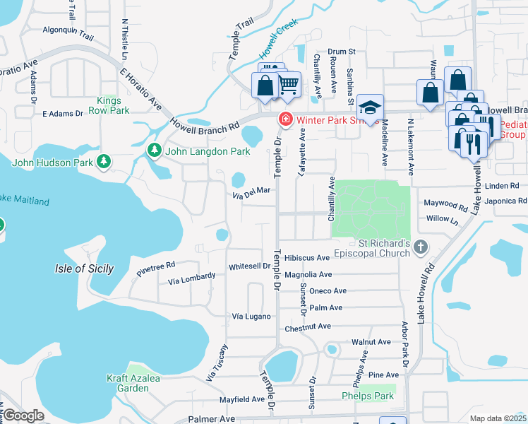 map of restaurants, bars, coffee shops, grocery stores, and more near 1238 Vía Estrella in Winter Park