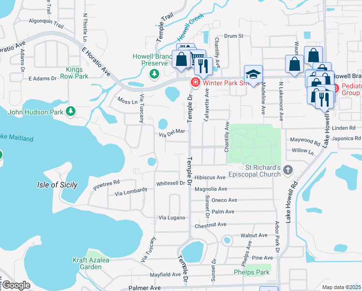 map of restaurants, bars, coffee shops, grocery stores, and more near 1219 Vía Estrella in Winter Park