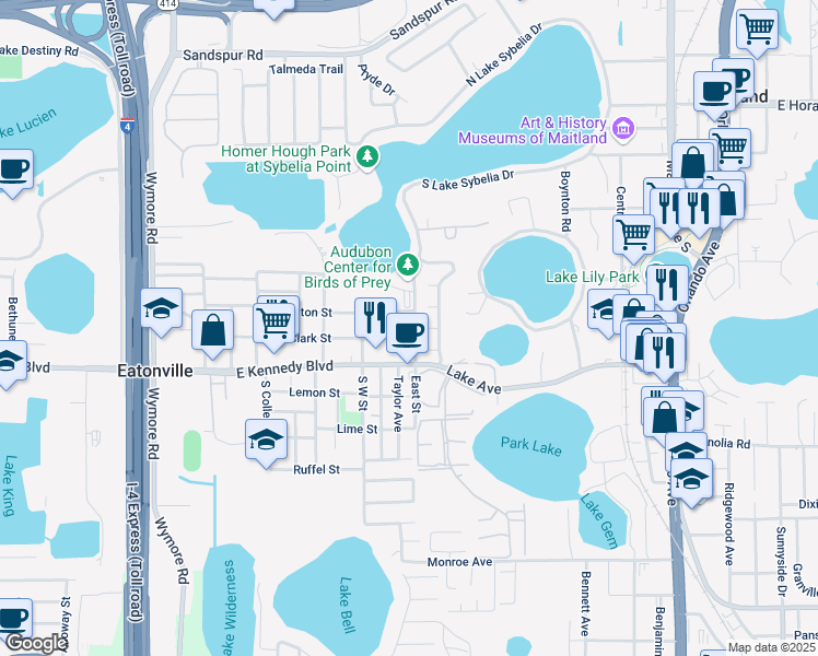 map of restaurants, bars, coffee shops, grocery stores, and more near 548 Eaton Street in Eatonville