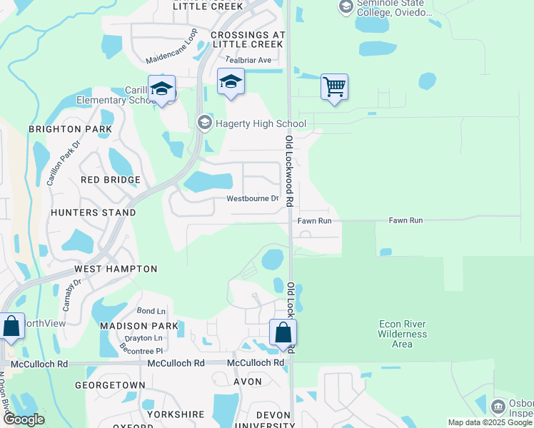 map of restaurants, bars, coffee shops, grocery stores, and more near Kelbrook Court in Oviedo