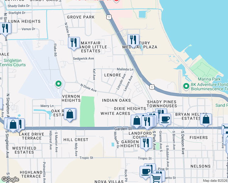 map of restaurants, bars, coffee shops, grocery stores, and more near 400 Lincoln Avenue in Titusville