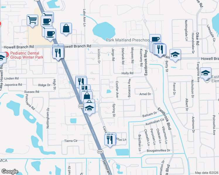 map of restaurants, bars, coffee shops, grocery stores, and more near 2101 Glenview Court in Winter Park