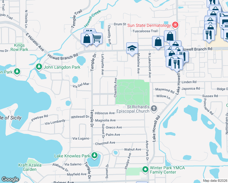 map of restaurants, bars, coffee shops, grocery stores, and more near 1443 Place Vendome in Winter Park