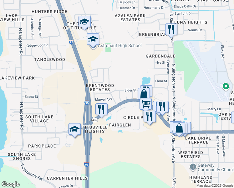 map of restaurants, bars, coffee shops, grocery stores, and more near 434 Azalea Avenue in Titusville