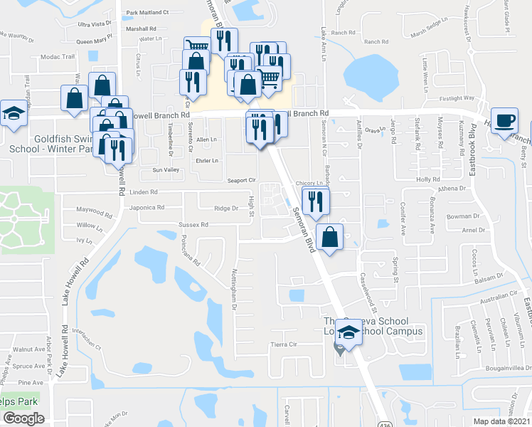 map of restaurants, bars, coffee shops, grocery stores, and more near 167 Sedgefield Circle in Winter Park