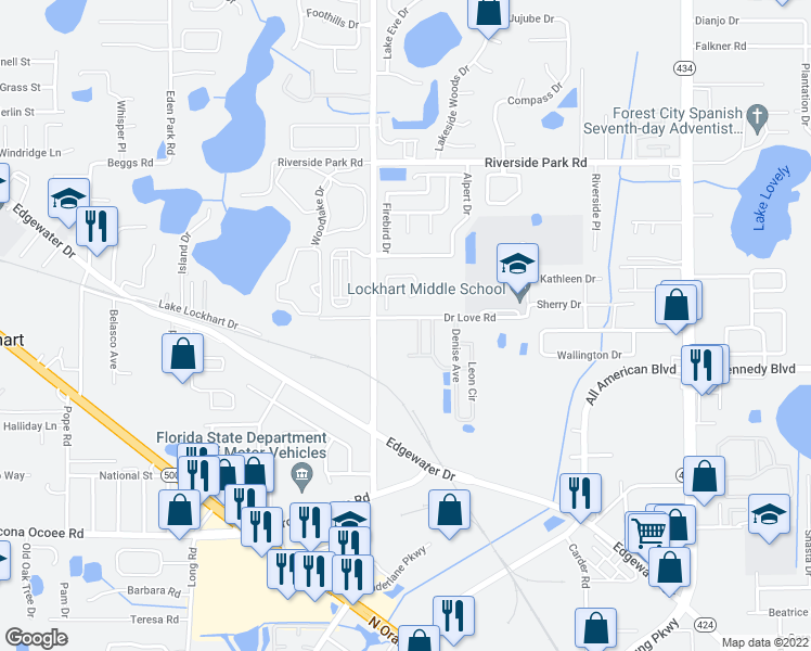 map of restaurants, bars, coffee shops, grocery stores, and more near 3800 Doctor Love Road in Orlando